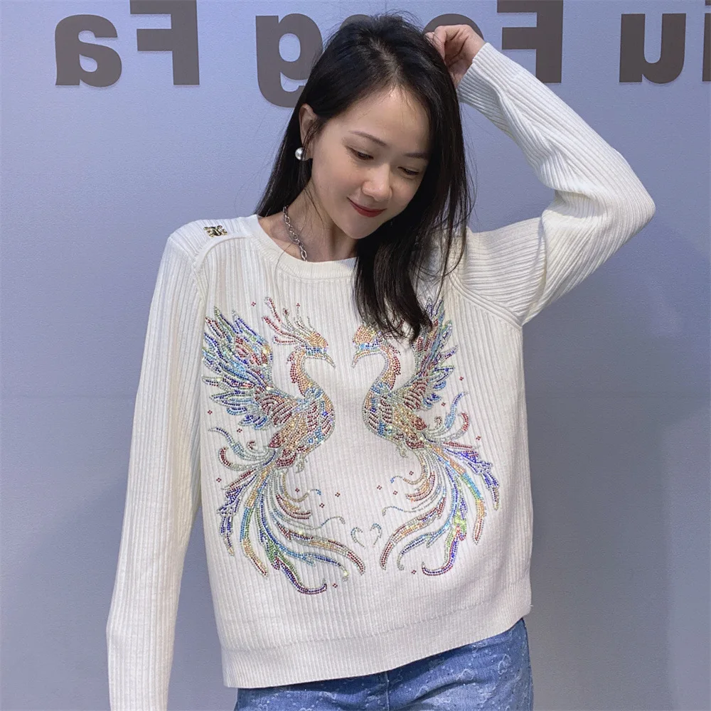 Phoenix Pattern Pullover Knitted Sweater Tops For Women Y2k Clothes Knitshirts Casual O Neck Long Sleeve Knitwear Bust 120cm