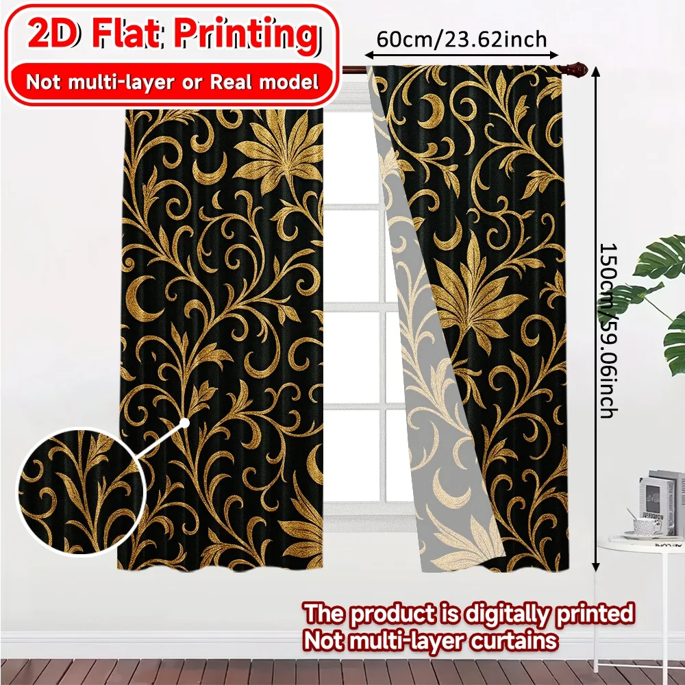 2D Flat Printing,2pcs Golden Mosque Arch Chic Fashionable Curtains Polyester Easy Install Curtains Versatile All Decorative for
