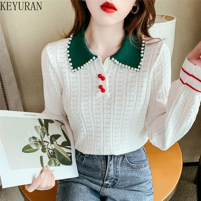 2024 Spring Summer Pearls Beading Hollow Jacquard Thin Knitted Pullover Sweater Women\'s Turn-down Collar Ins T-shirts Jumpers