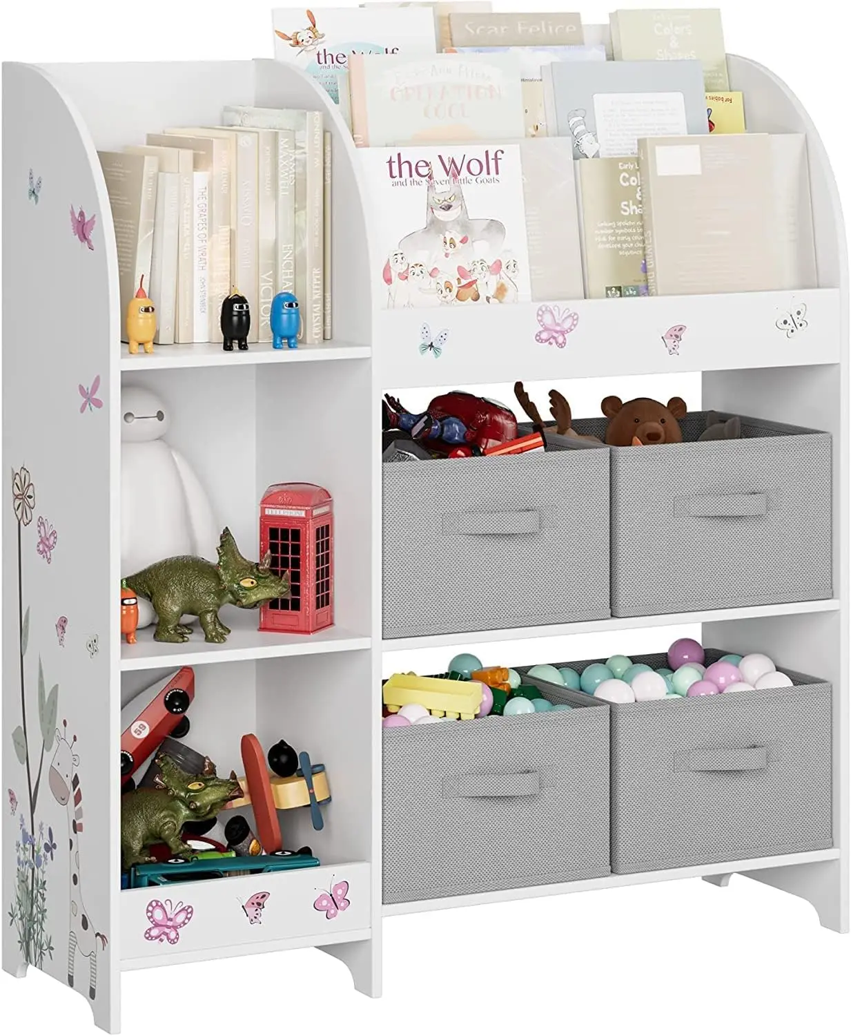 Kids Toy Storage Organizer with 4 Fabric Bins, 3-Tier Book Rack and Open Cubbies for Playroom