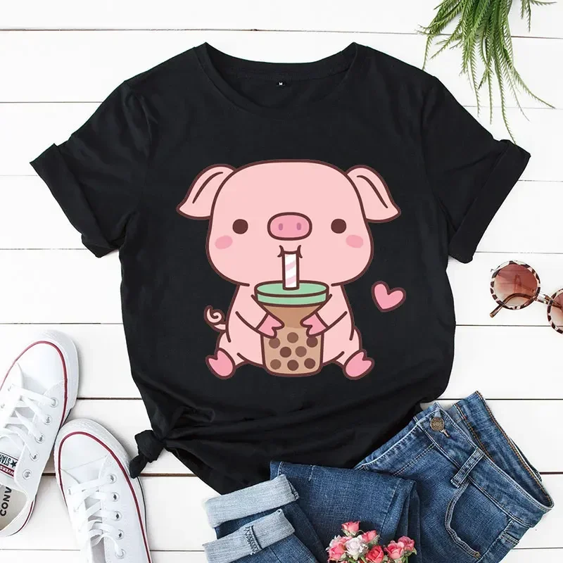 Nette Harajuku Y2K Tops Kleidung Schwein Boba Tee Druck Frauen Casual T-shirts Kawaii Rosa Schwein T-shirts Oversize Mode Trend T Tops