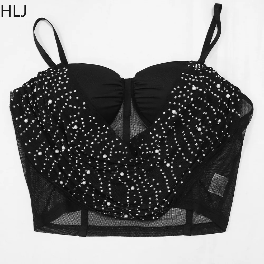 HLJ Sexy Luxury Pearls Rhinestone Mini Skirts Sets Women Mesh Sheer Tank Top And Skirts Two Piece Outfit Fashion 2pcs Streetwear