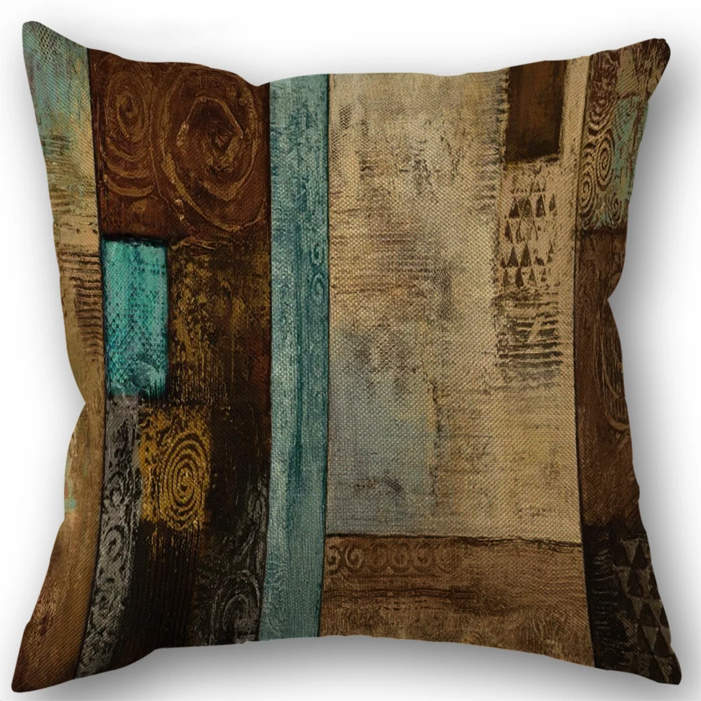Brown Teal Geometric  Print Linen Throw Pillowcases Boom Single Printed Pillow Cover For Living Room Bedroom Couch Sofa