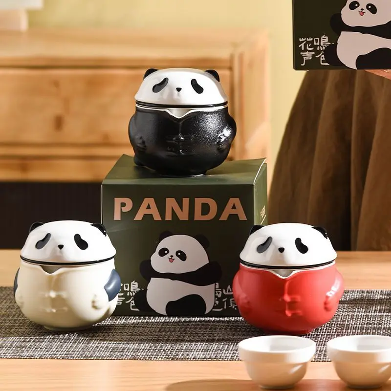 Panda One Pot Three Cup Set China Travel Tea Set Portable Camping Brew Kit with Cute Exquisite Durable Birthday with Gift Box
