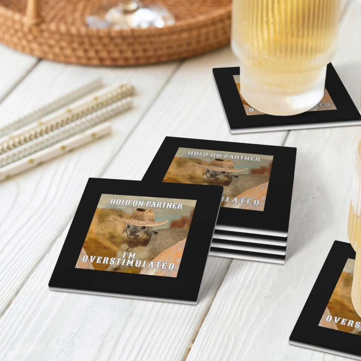 

Hold On Partner I'm Overstimulated Rock Hyrax Coaster Ceramics Baking Mat Table Utensils For Kitchen Table Placemats Coffee Mat