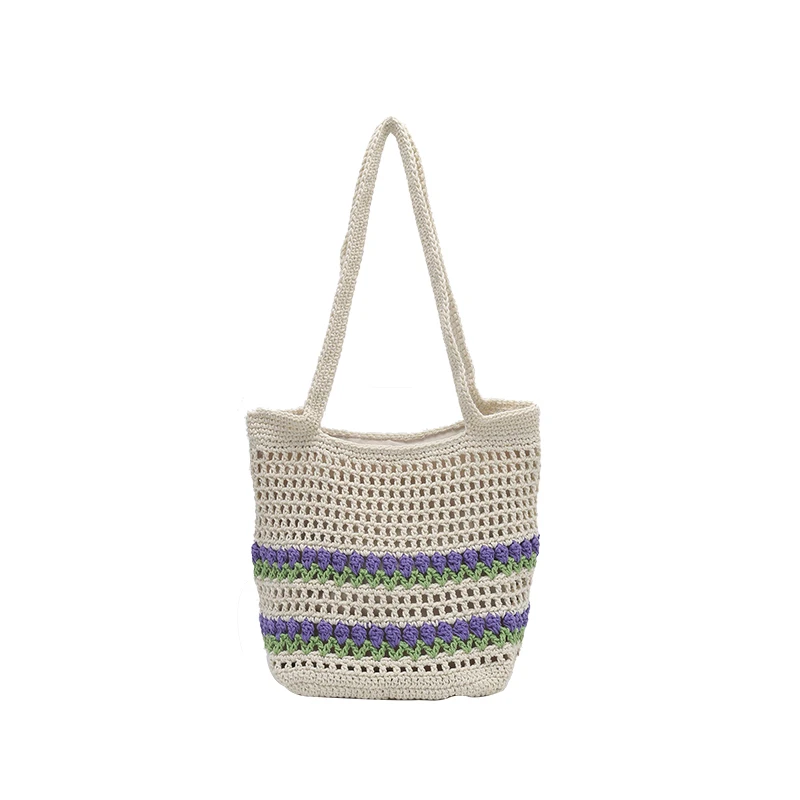 

Summer Bohemian Crochet Beach Bag for Women Colorful Stripes Shoulder Bag for Travel Vacation Handmade Hollow-Out Woven Tote Bag