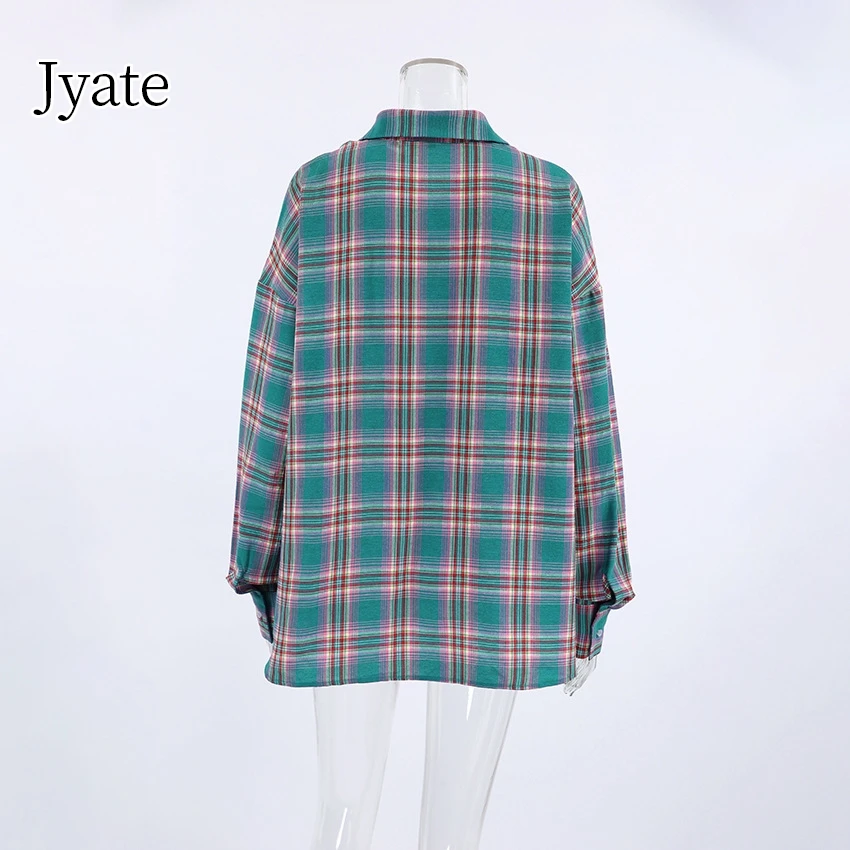 Jyate 2024 Lente Herfst Retro Geruite Shirts Top Knoop Revers Lange Mouw Losse Blouses Shirt Mode Straat Casual Vrouwen Tops