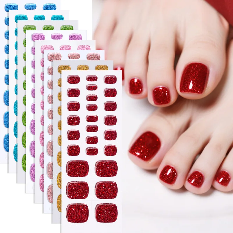 26팁 플래시 파우더 프렌치 화이트 세미 큐어드 UV 젤 네일 스티커 누드 컬러 발톱 착용 가능한 짧은 플랫 쉐입 발가락 스티커