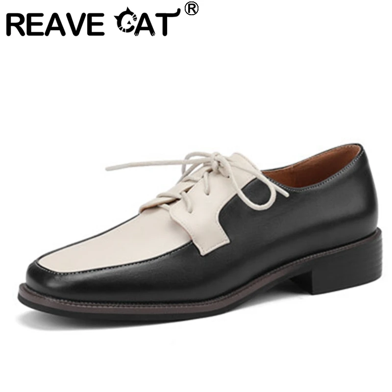 

REAVE CAT 2022 Fashion Women's Brogue Shoes Flats Square Toe Lace-Up Big Size 31-43 Mix Color Black Brown Leisure Spring S3425