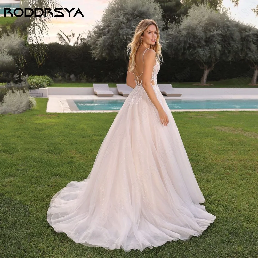 RODRSYA Pink Spaghetti Straps Illusion Abito da sposa V-Neck senza maniche BacklRODDRSYA Pink Spaghetti Straps Illusion abito da sposa con scollo a v senza maniche Backless abiti da sposa a-line Civil Vestidos De Novia