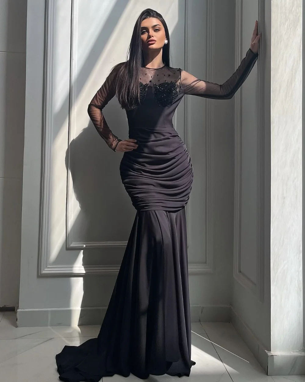 

Customized Exquisite Elegant Chiffon Pleat Draped Beading Sequined Mermaid Scoop Neck Long Dresses Bespoke Occasion Dresses Sexy