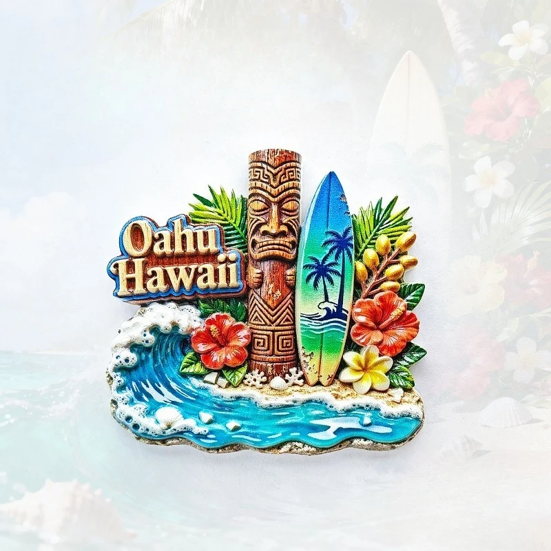 Oahu Tiki Surf Fridge Magnet - Tribal 3D Hawaiian Souvenir Unique Pacific Island Gift for Travel & Surf Culture Decor