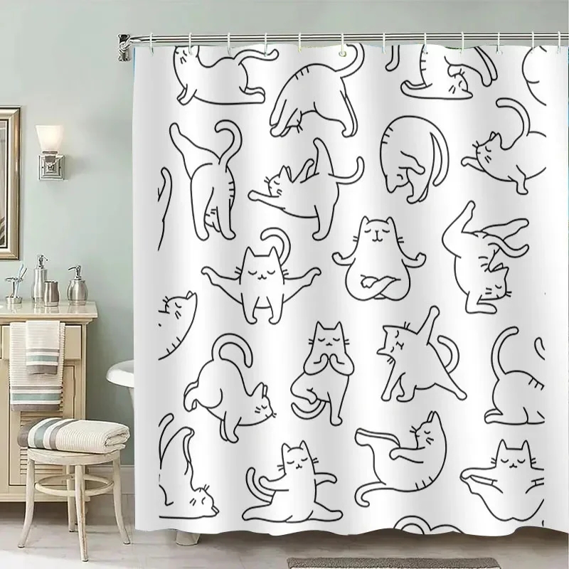 Cute Cat Line Art Shower Curtain Bathroom Decor Funny Animal Print Waterproof Shower Curtain Liner