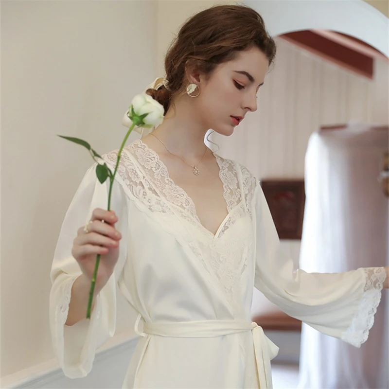 Court Style Pajamas Summer Thin Ice Silk Sleepwear V-Neck Sling Dress and Robe Two Piece Set Leisure Home Suit Women's Clothes