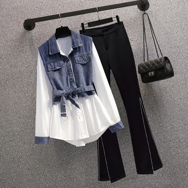 Primavera outono feminino jeans roupas conjuntos de correspondência senhora moda retalhos denim camisa casacos + calças 1 ou duas peças terno nova roupa