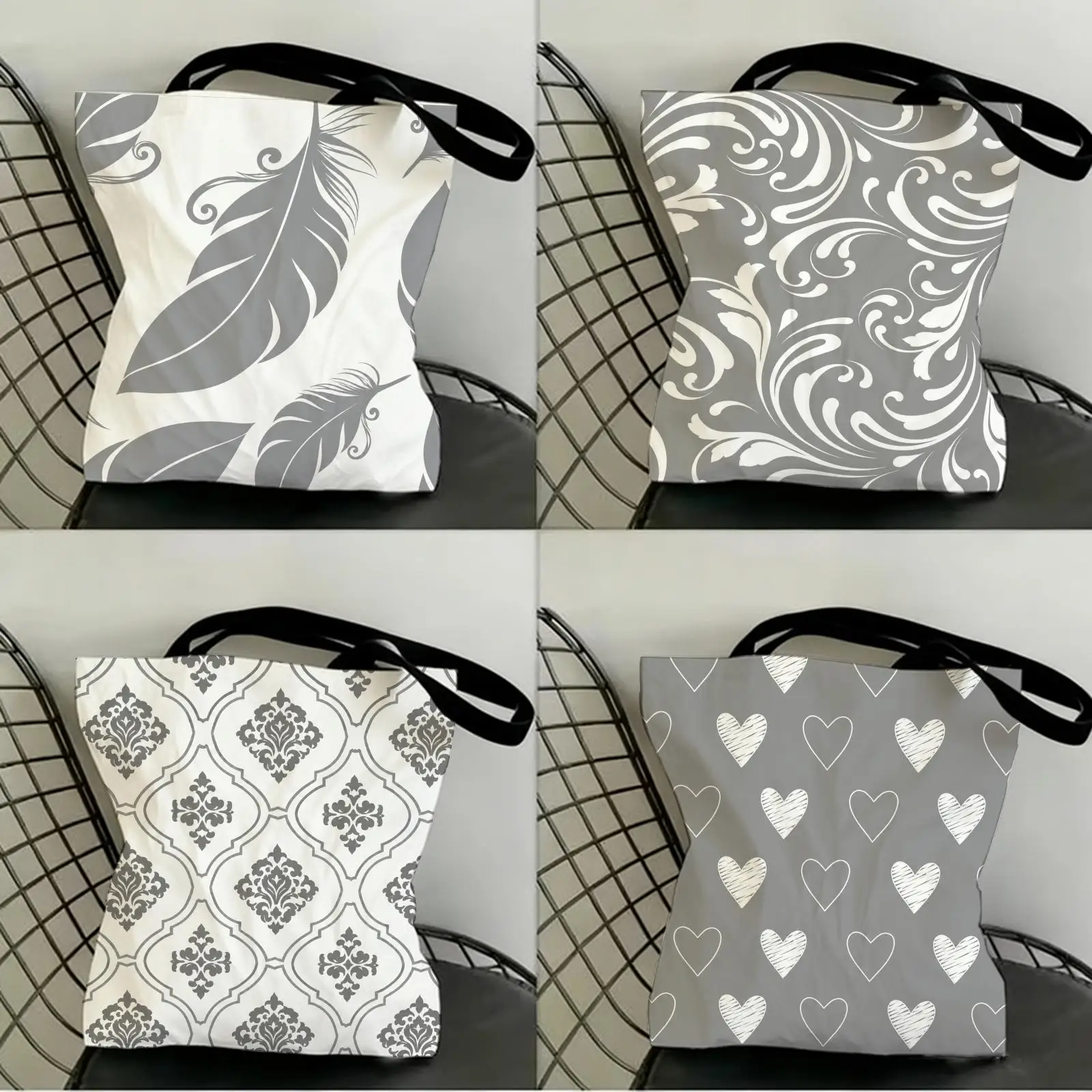 

Gray White Cool Storage Bags Canvas Double-Sided Print Women Large Tote Bag Durable Beach Picnic Foldable Gift Eco