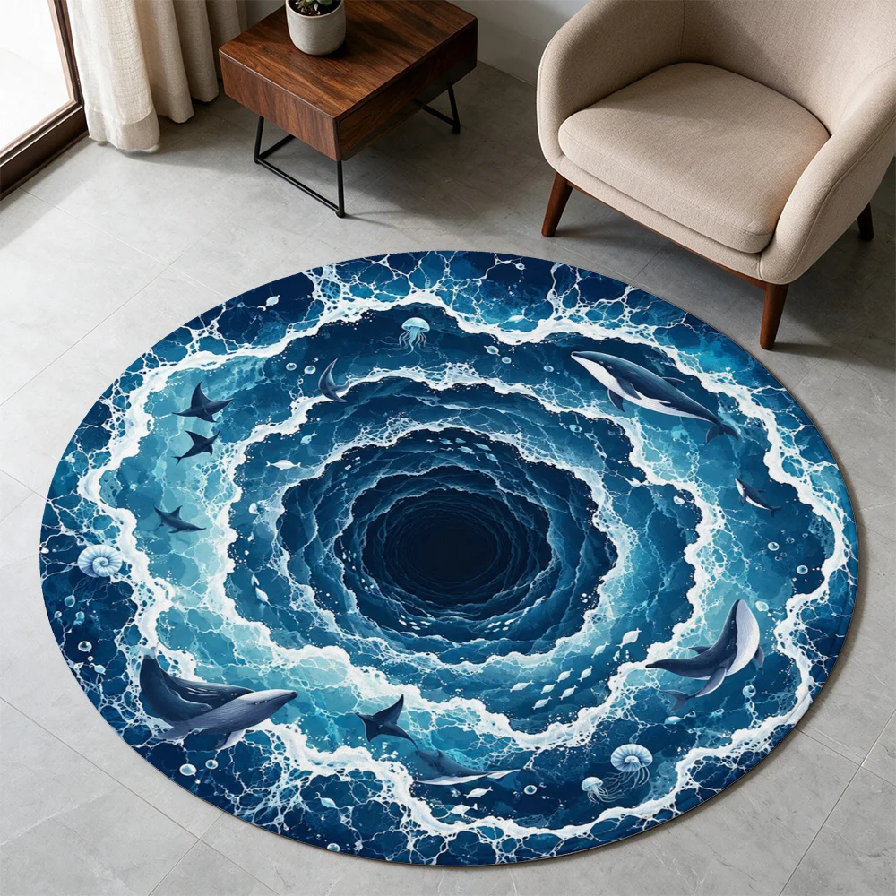 Vibrant Ocean Vortex Blue Sea Life Round Area Rug for Bathroom or Living Room Decor