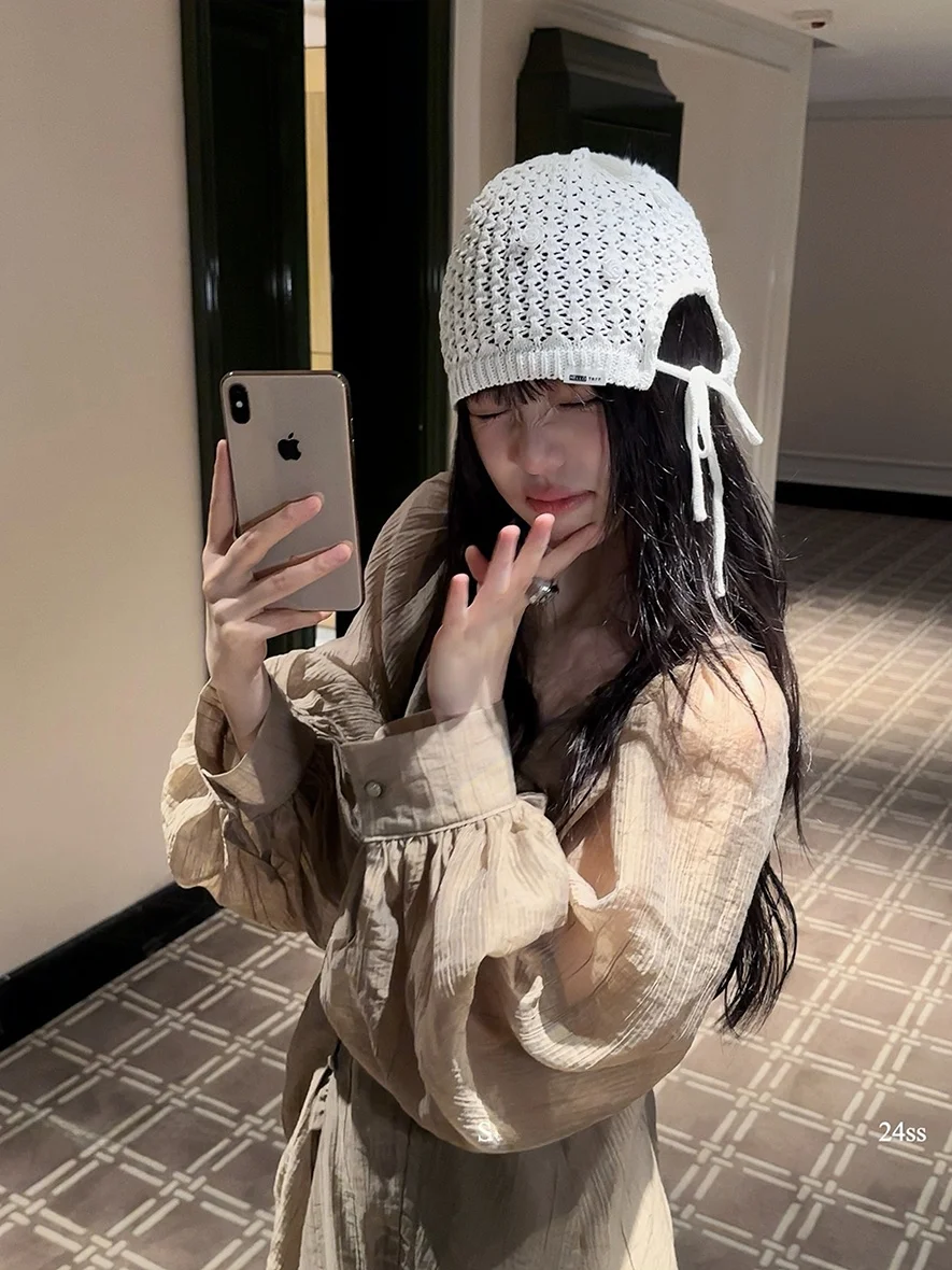 

Handmade Knitted Hat Women's Hollow out Crochet Cap Spring Autumn Winter Fashionable No-Bow Knitwear for Streetwear