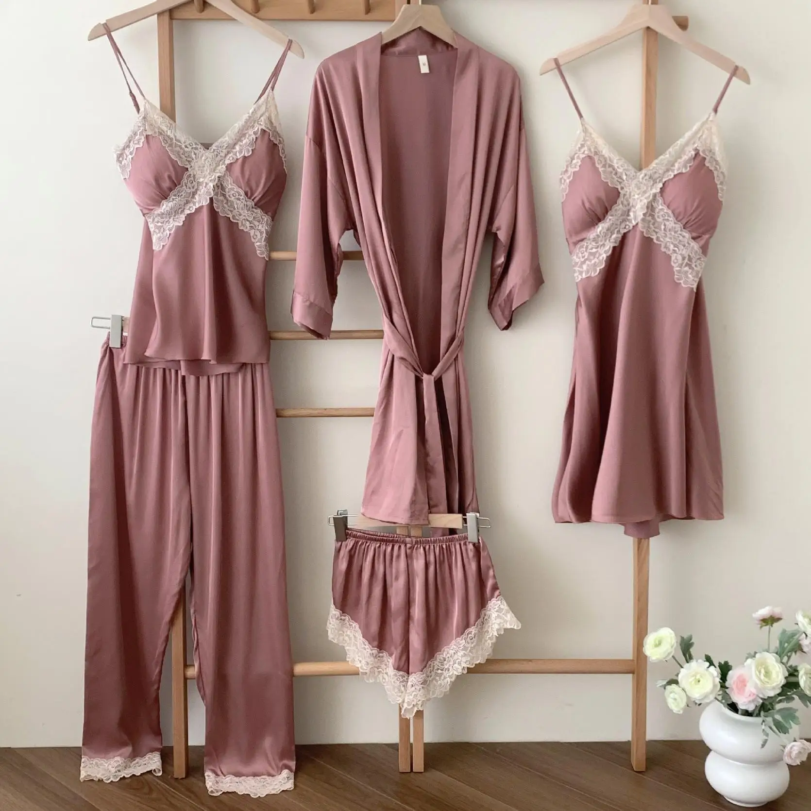 5 buah Set piyama wanita, pakaian tidur renda jubah pakaian santai wanita piyama setelan musim semi musim panas tali & celana pendek Lingerie