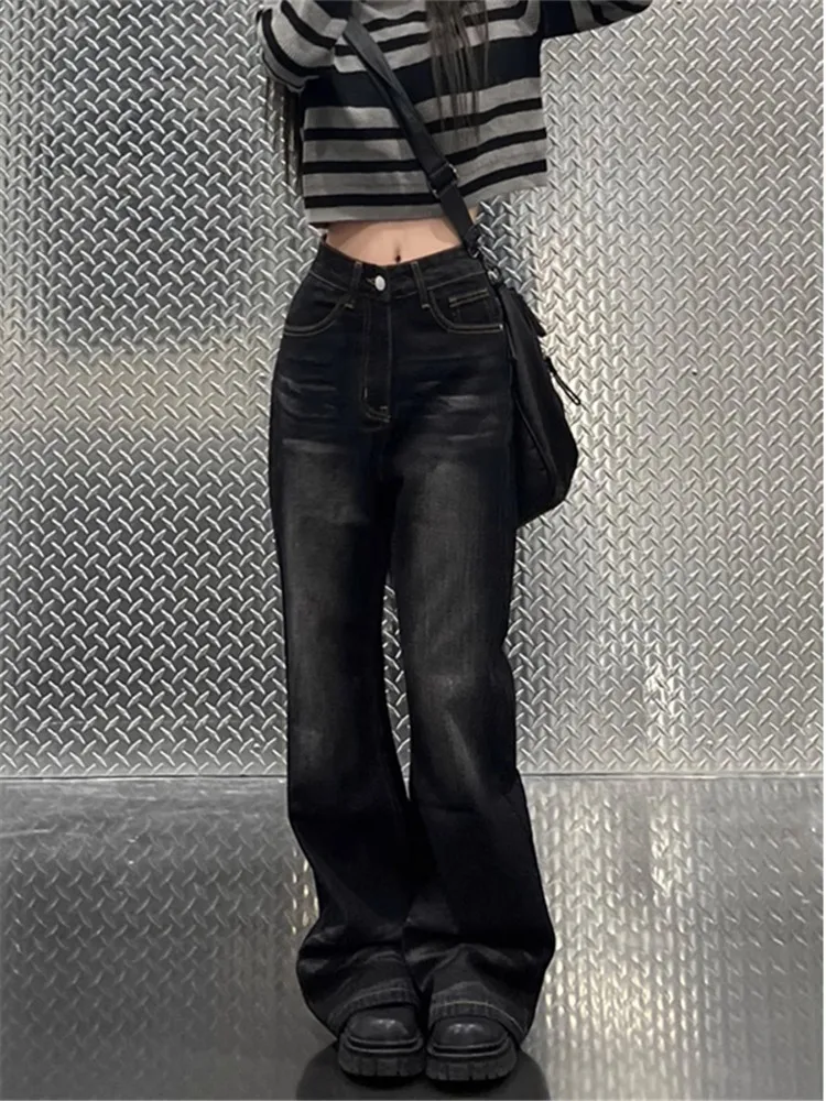 

American Retro High Waist Bell Bottom Jeans Women's Summer Long Tall Floor Length Pants High Street Deep Color Washed Zipper