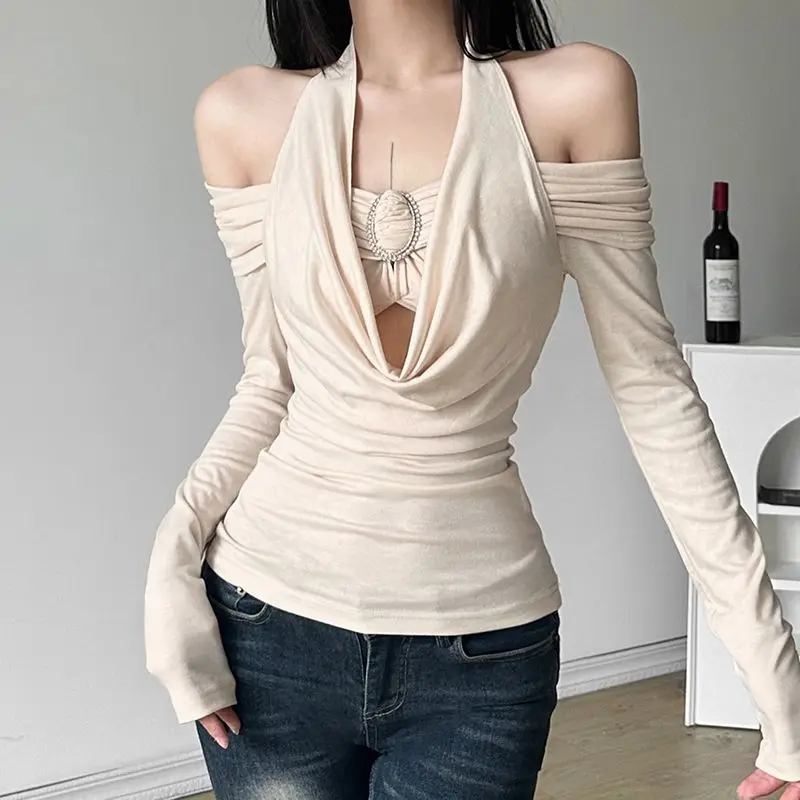 Pure Sexy Sexy Neck Long-sleeved T-shirt Off-shoulder Back Design Slim Short Top