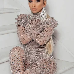 Luxurious Rhinestones Leotard Pants Women Evening Prom Party Birthday Outfit Sexy Mesh Dance Costume Crystal Bodysuit Stage Wear