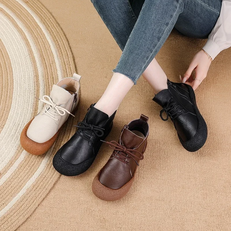 

2025 New Cow Leather Ankle Boots Women's Laced Up Waterproof Shoes Ladies Wide Fit Short Boots Woman Oxfors Shoes Brown Booties