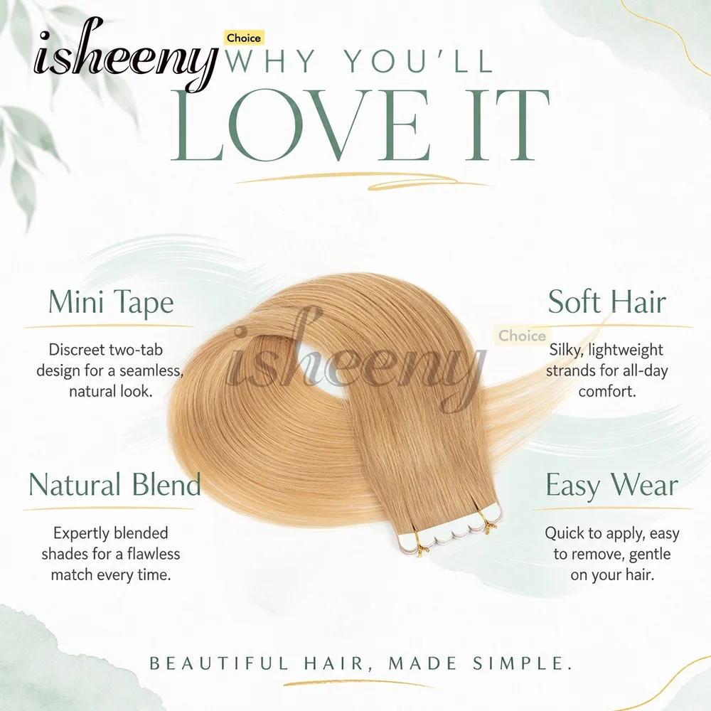 ISHEENY 40g/pack Invisible Tape In Human Hair 10pcs 18 Inches 6 Tabs Machine Remy Hair Suitable for Women Add Volume and Length