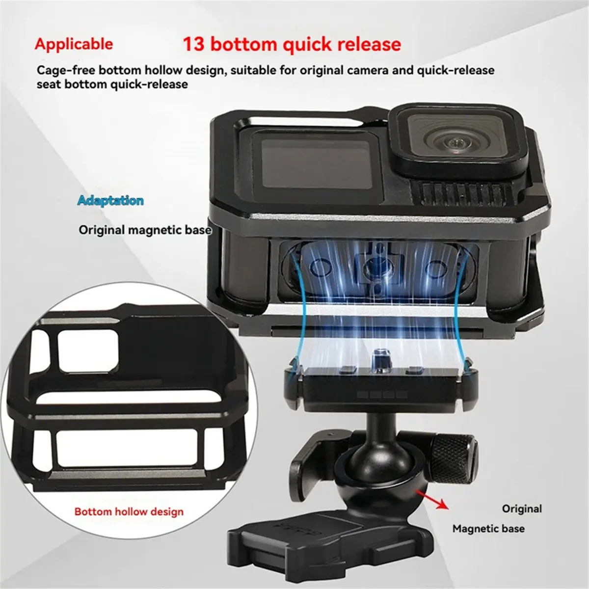 DT77 Magnetic Camera Cage Quick Release with Cold Shoe Mount Protective Frame Aluminium for GoPro 13/12/11 Action Camera