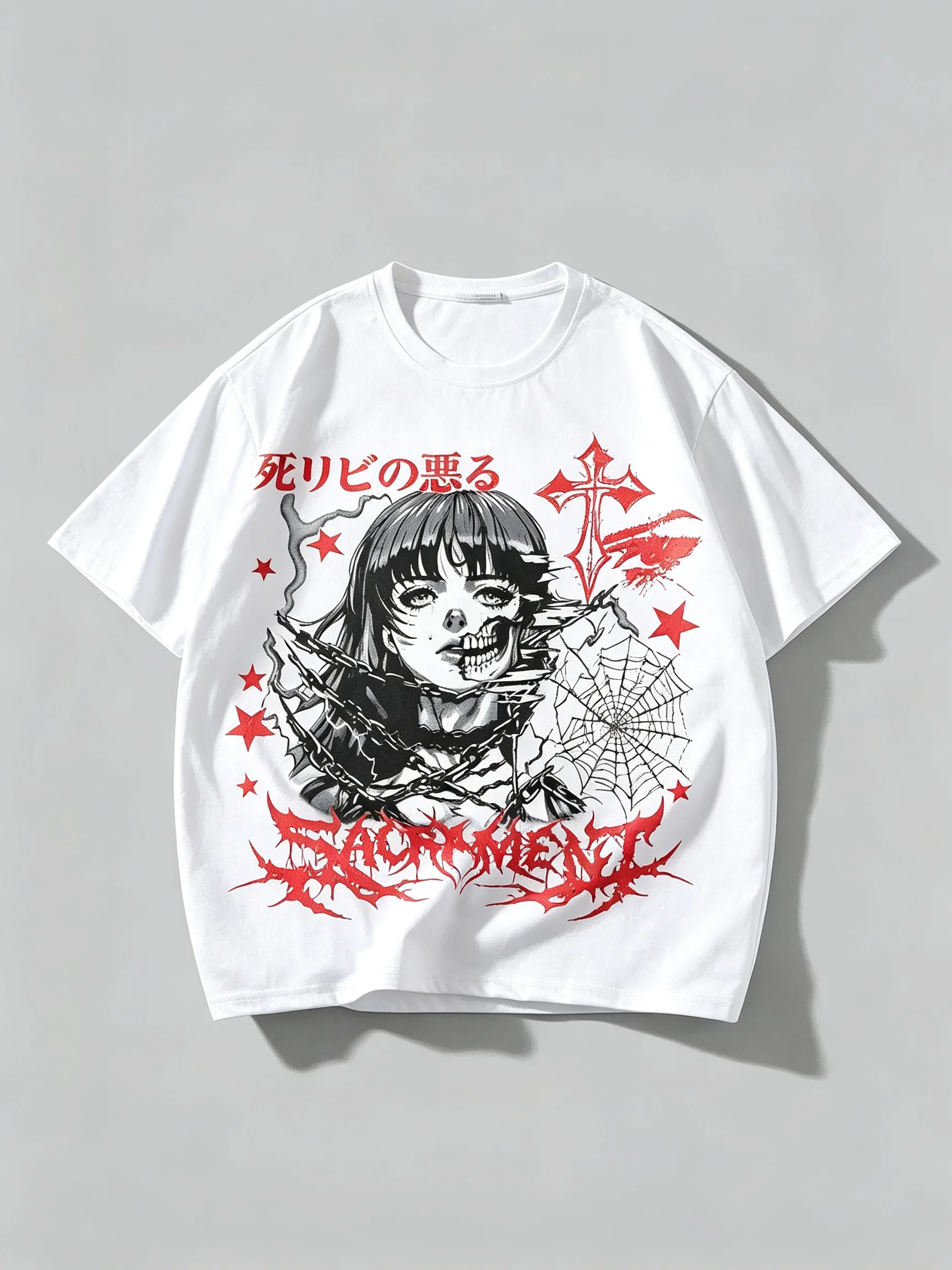 2026 New Y2K Family Matching Unisex Oversized T-Shirt Dark Anime Girl Skull Cross Spider Web Chest Front Print Streetwear Tops
