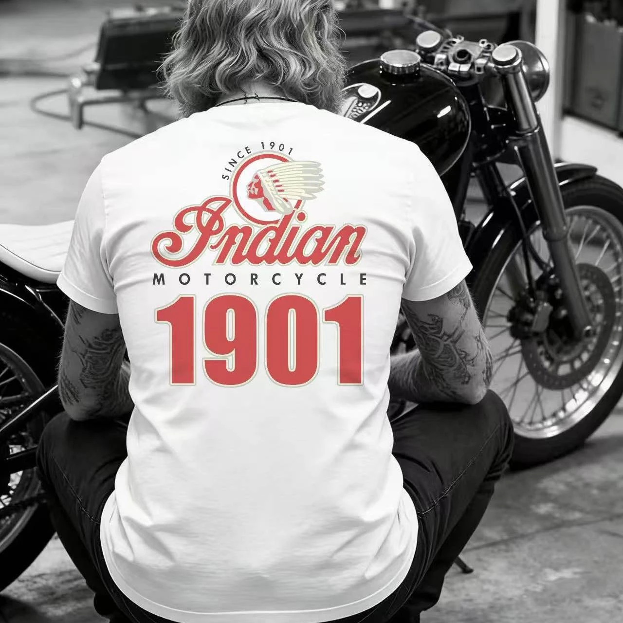 Indian 1901 American Vintage Motorcycle Club Herren- und Damen-T-Shirt mit Rundhalsausschnitt, locker geschnitten, langärmelig, aus Baumwolle – Detail 2
