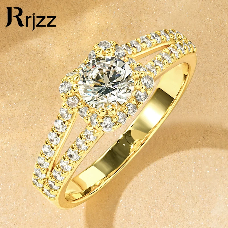 Rrjzz Luxury CZ Simulated Diamond Marriage Rings 14k Gold-Plated Woman Engagement Split Shank Ring for Wedding Fine Jewelry