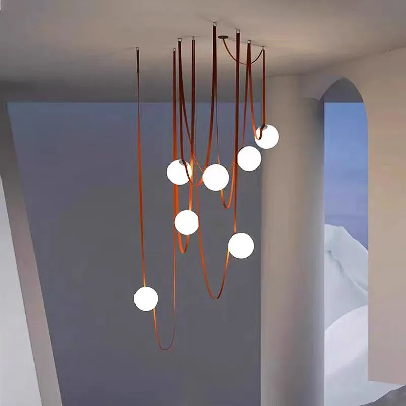 

Long Belt chandelier Brown Black Minimalist Staircase Lamp Artificial glass ball Light For Hall Parlor high ceiling chandelier