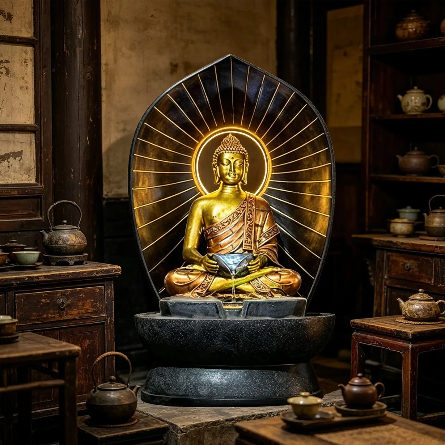 New Chinese Zen Buddha statue, flowing water ornament, circulating water fountain, lucky humidification, home decoration