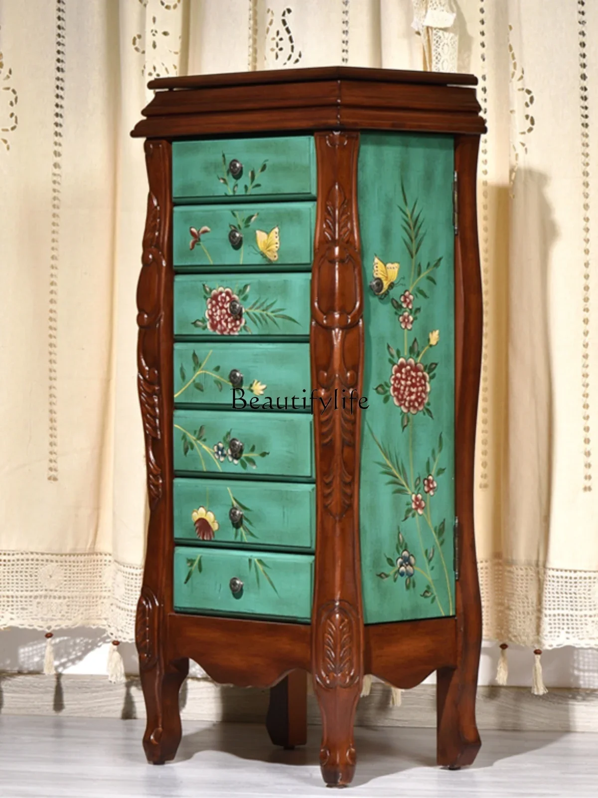 *FG44Vintage Green Jewelry Solid Wood Home Painted European Style Chest of Drawers Tailstock Drawer Curio Cabinet