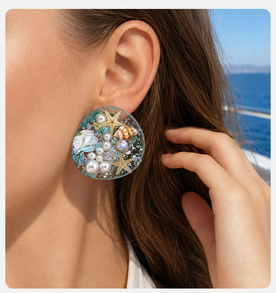 Vnox Ozean-Muschel-Seestern-Imitationsperlen-Ohrstecker mit Pailletten für Damen, Boho-Muschel-Charms-Ohrringe, Strand-Ästhetik-Schmuck – Detail 2
