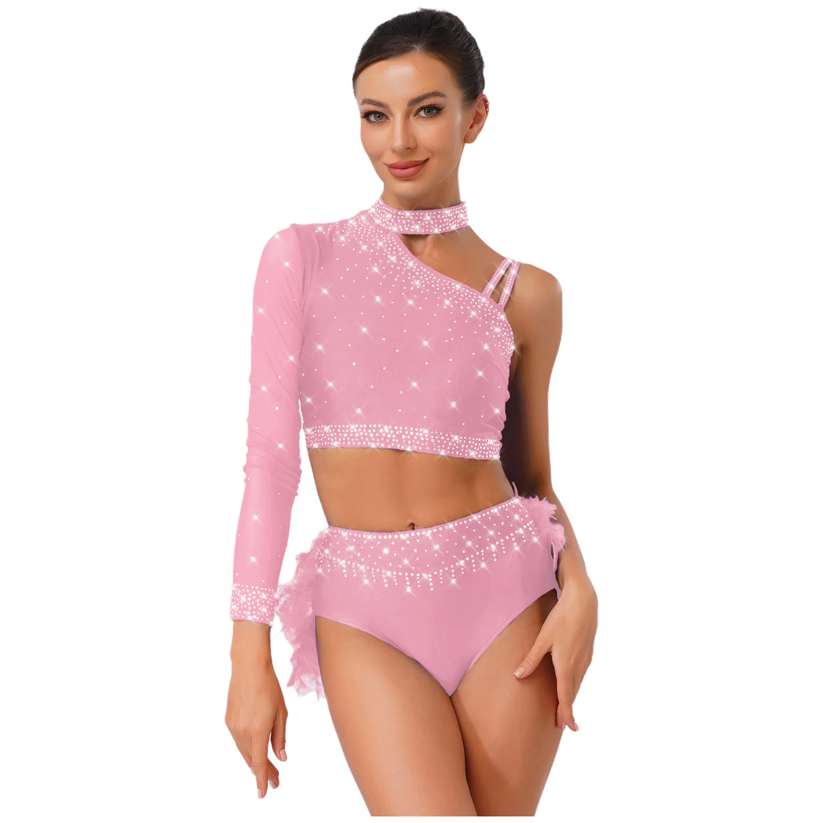 

Stunning Rhinestone Latin Dance Outfit Women Glitter One Shoulder Long Sleeve Top & Feather Panties for Performances Competition