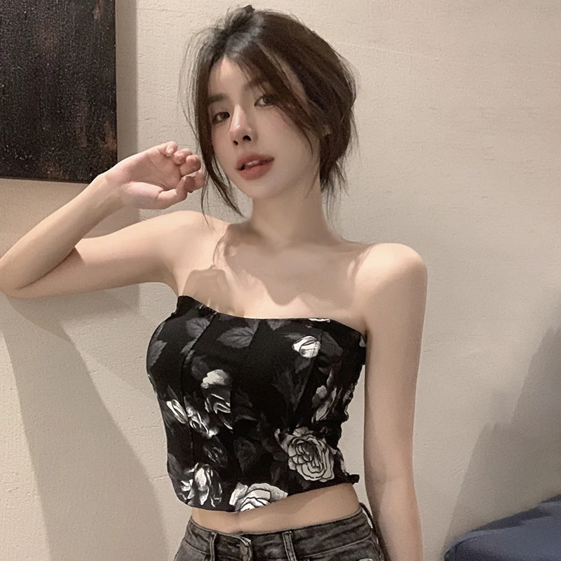 Women's Crop Top Flower Print Retro Irregular Temperament With Chest Pad