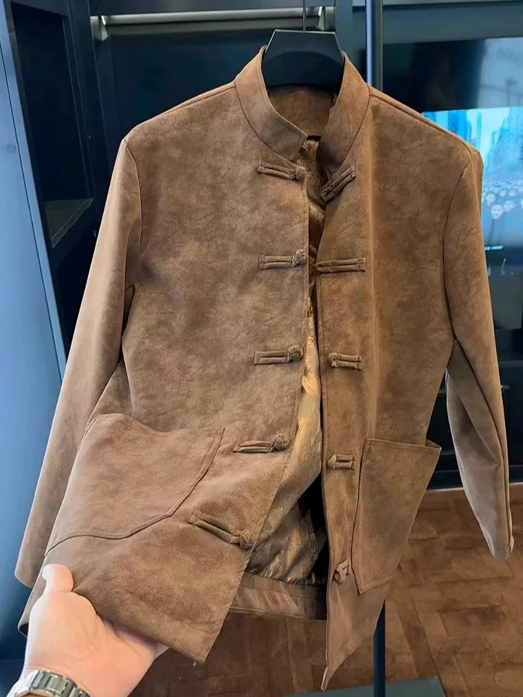 

Men's New Spring Autumn Wind Disk Button Tang Suit Jaet Versatile High-End Cool Sle Casual Wear Pure Color Young Men