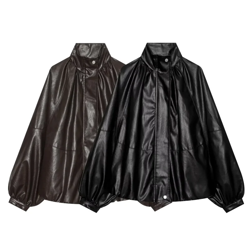 Women's PU Leather Jacket Summer 2026 High Neck Batwing Sleeve Coat Punk Style Loose Vintage Color Brand Outerwear