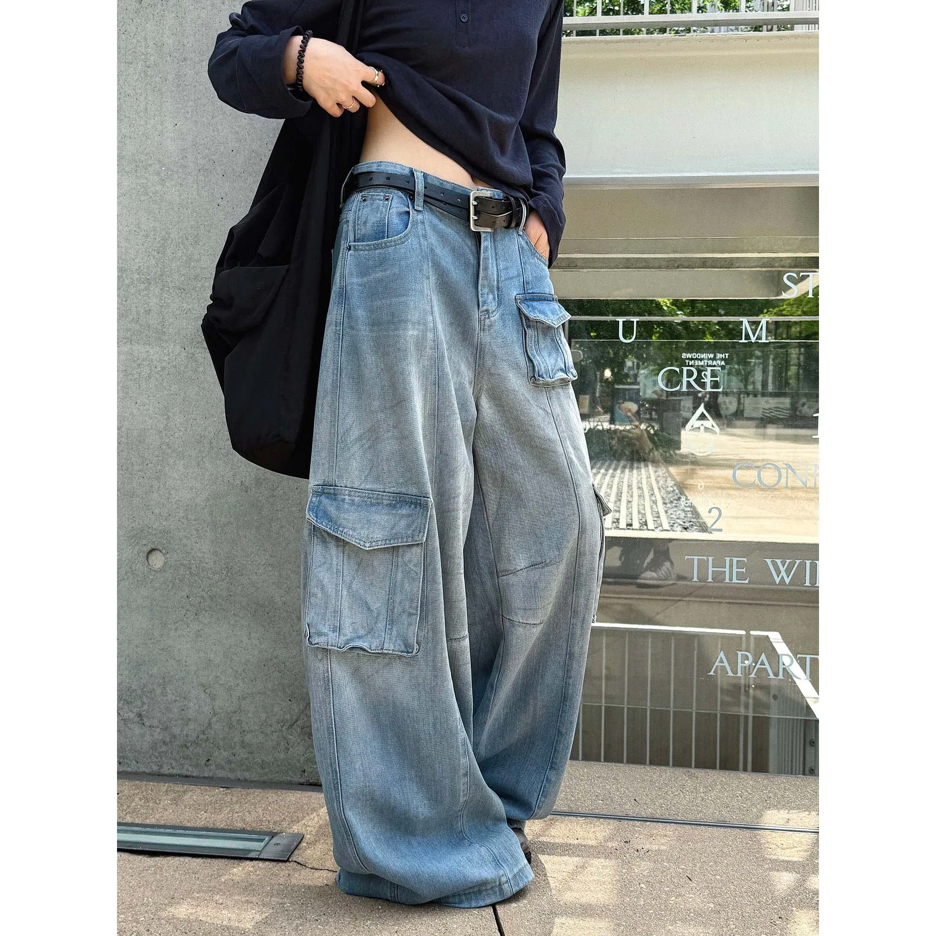 FANAN Summer New Korean Style Workwear Washed Vintage Multi-Pocket Patchwork Loose Jeans For Women Streetwear Trousers