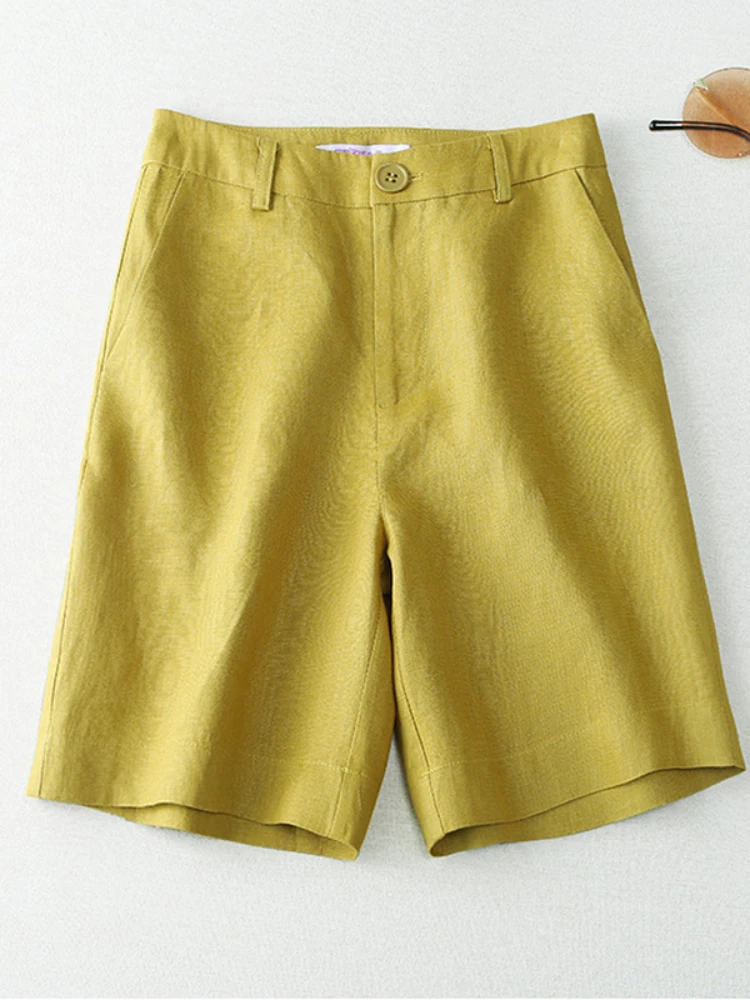 Shorts casuais de verão feminino, linho doce clássico, botão voar, calça reta curta, algodão, estudante, 2023