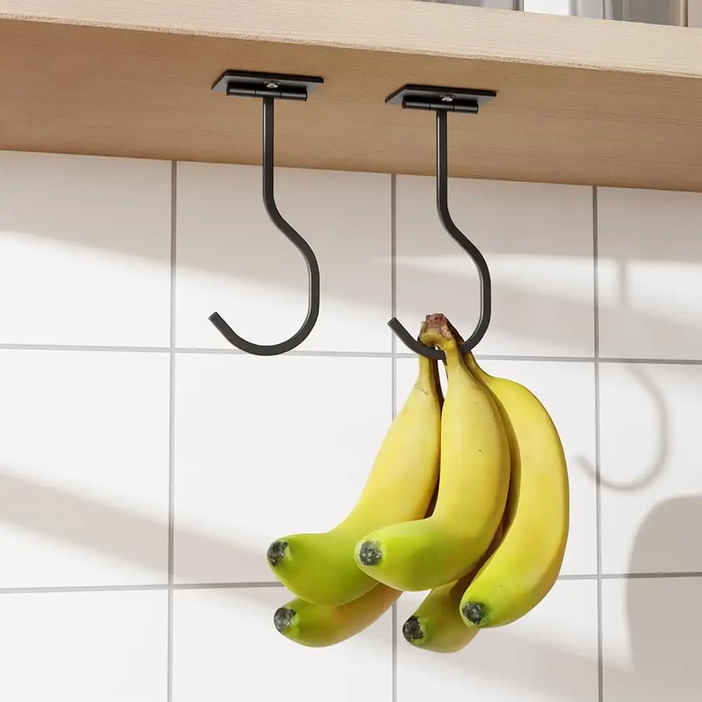 

2-Pa Self Adhesive Metal Banana Hanger Hook, Under Cabinet Hook For Kitchen Items, Foldable Banana Hook With Magnets