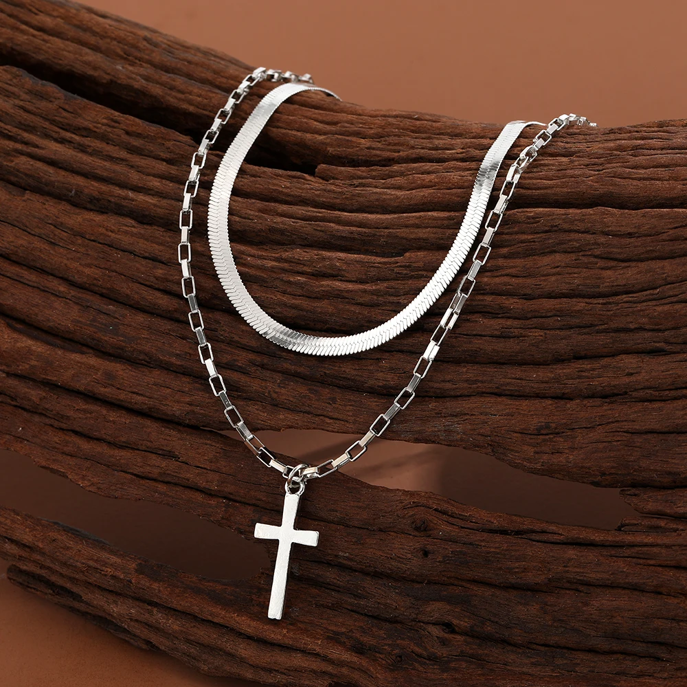 IFMYA Punk Fashion Cross Pendants Necklace For Women Silver Color Multilayered Snake Chain Necklace Female Jewelry