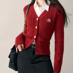 Female Casual V-Neck Red Knitted Sweater Coat Slim Single-Breasted Gray Knitwear Women's Long Sleeve Cardigan Sweater