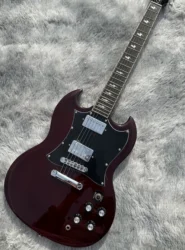 SG electric guitar, custom signature lightning inlaid fingerboard, dark red, silver accessories, quick shipping