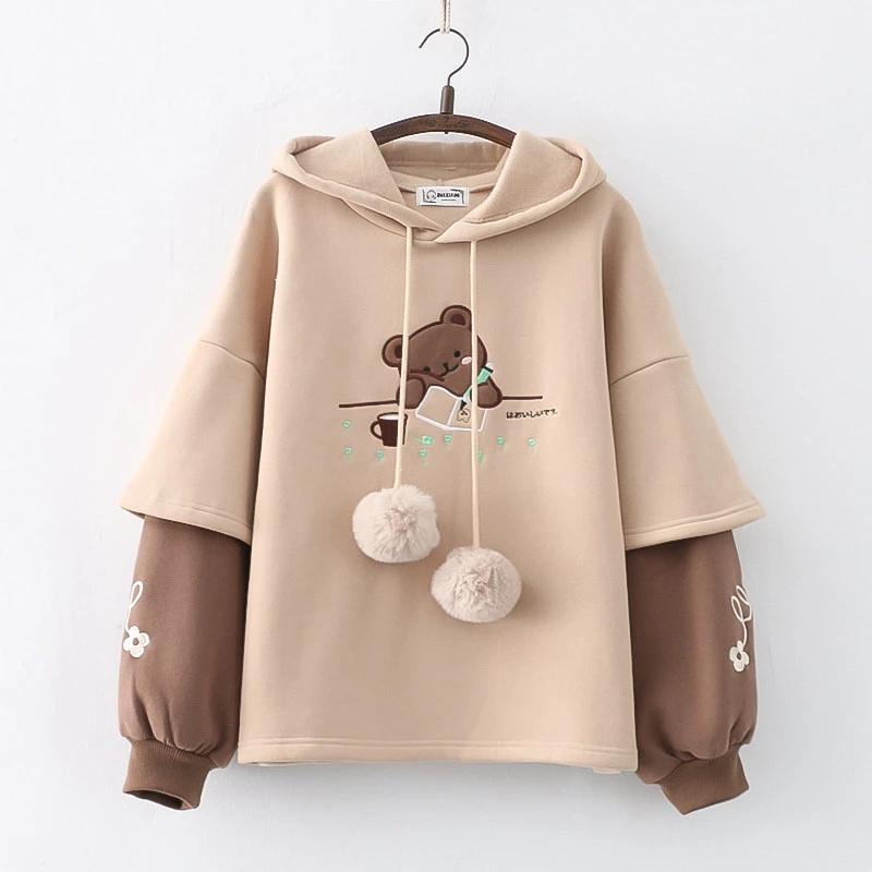 Japanese New Fleece-Lined Thickened Hooded Sweatshirt Cartoon Embroidery Drawing Bear Pullover Sweatshirt Academic Style Women\'s