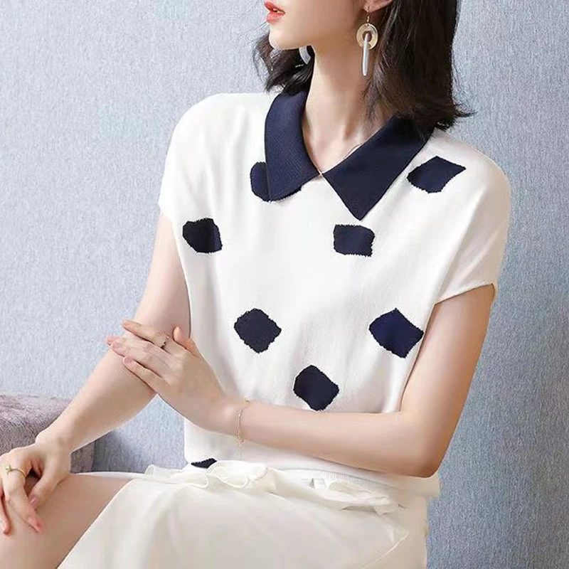 Women's Clothing Summer Fashion Contrast Color Patchwork Elegant Knitted T-shirts Simple Casual Short Sleeve Loose Pullover Tops