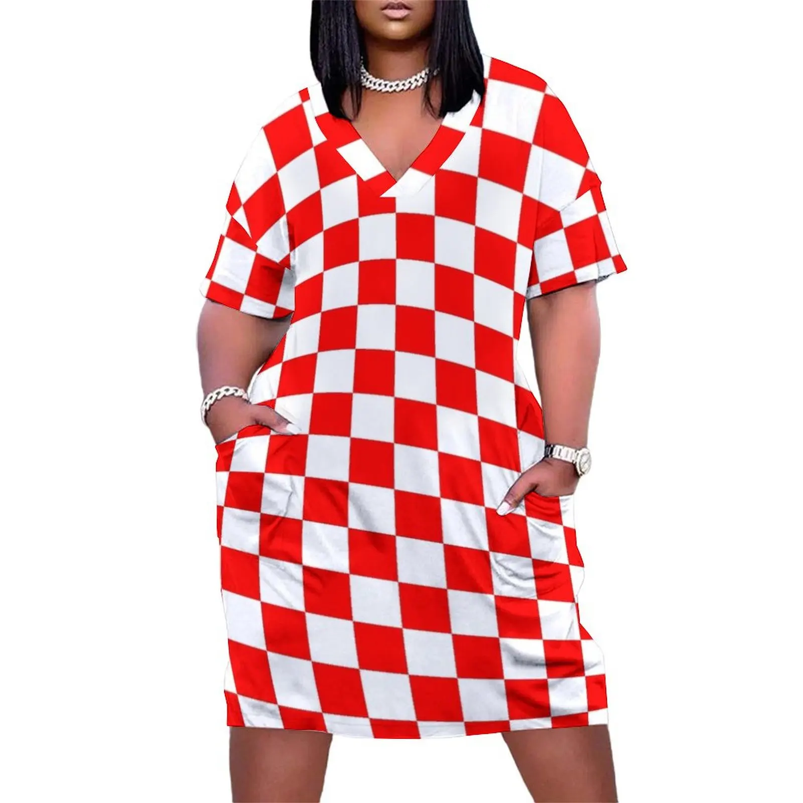 

Croatian Red White Checks Pattern Loose Pocket Dress Summer women's clothing dress for women 2025 dress for women summer