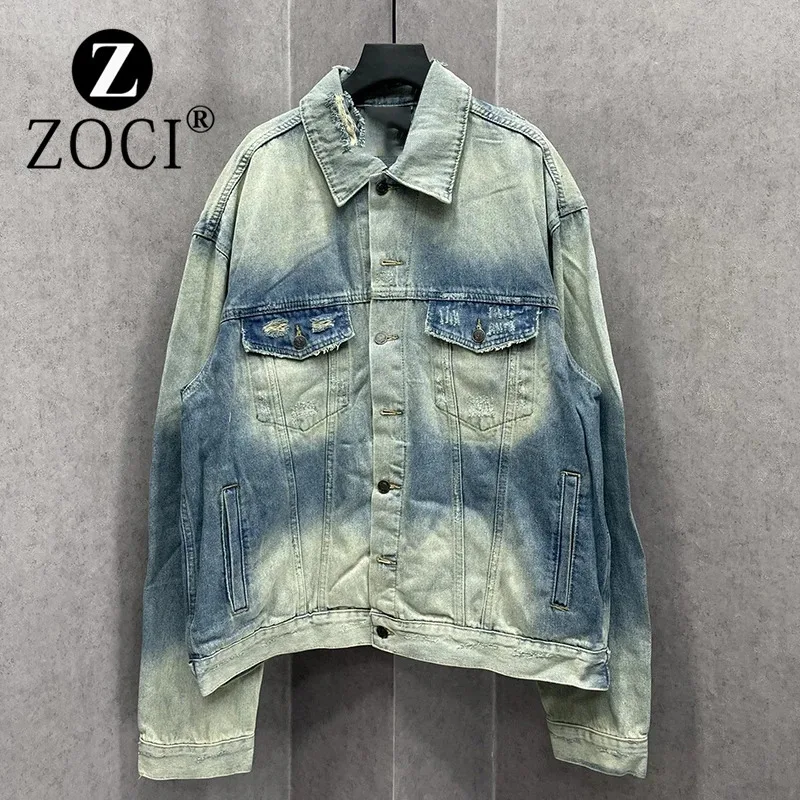 [ZOCI] Back Is Cut With Lightning Pattern, Destroying Denim Clothes Loose Jackets For Men And Women